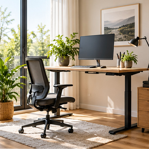 KI-generiertes helles Homeoffice mit elektrisch höhenverstellbarem Schreibtisch, Monitor und Tageslicht