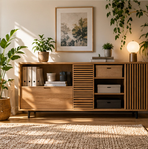 KI-generiertes Sideboard mit geordnetem Stauraum für das Homeoffice